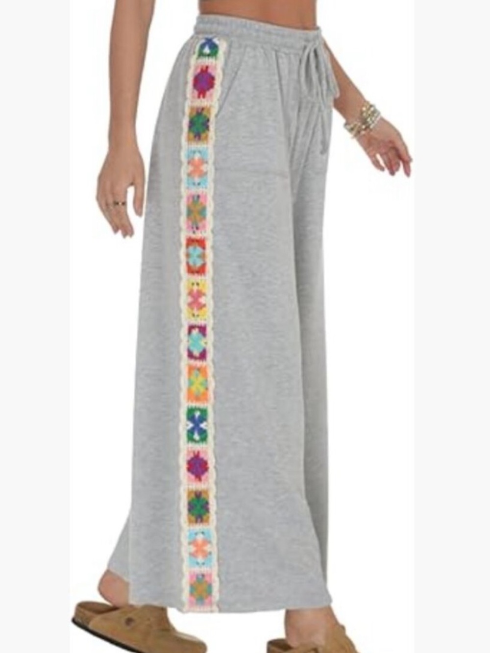 Crochet Trim, Gray Wide-Leg Sweatpants